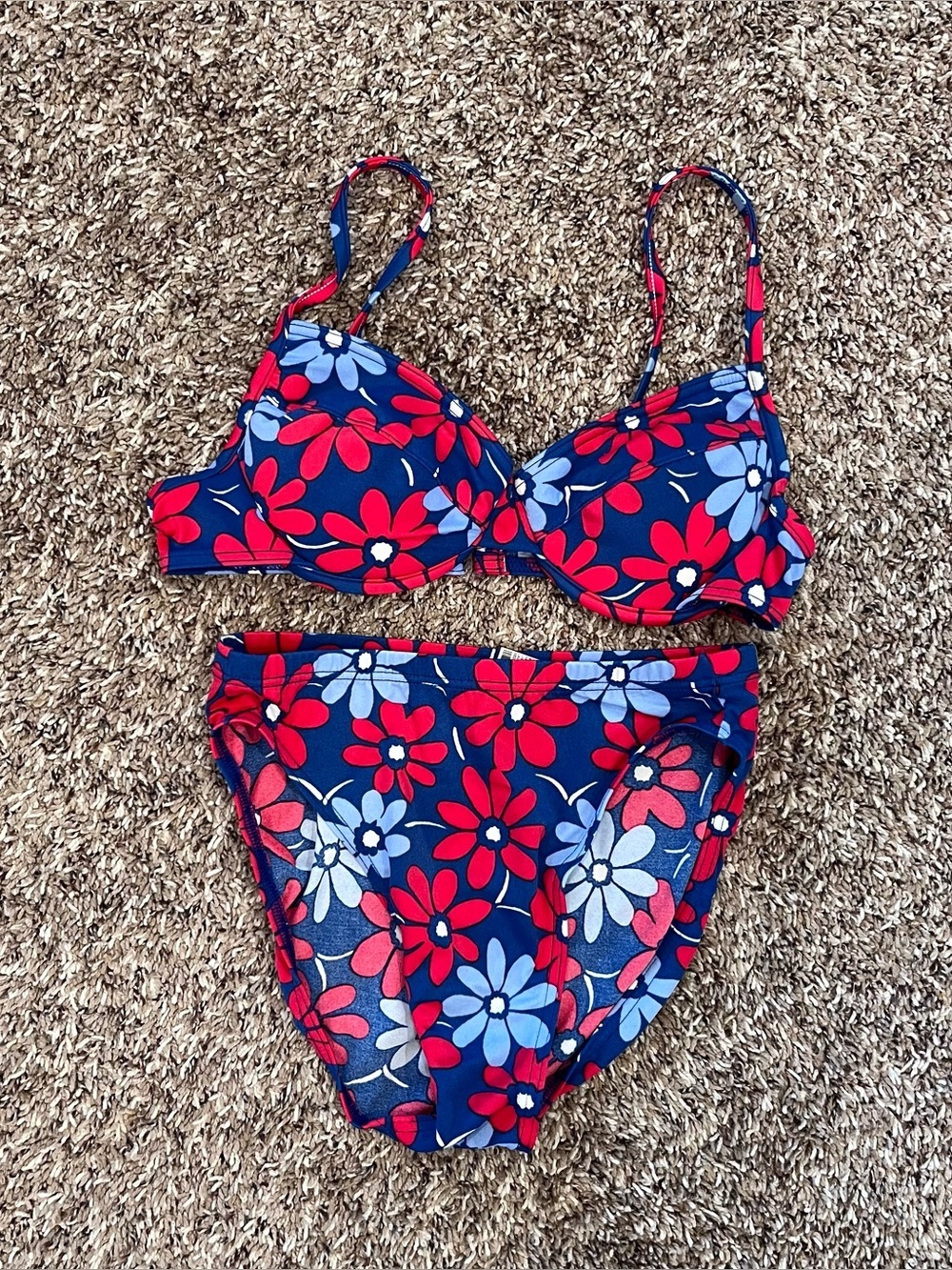 Vintage Baltex 90s Retro Bikini Set Daisys Blue Red Push Up Size 12/10 High Cut